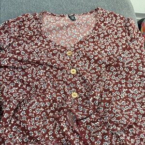 SHEIN Floral Button-Up Blouse - Burgundy and White